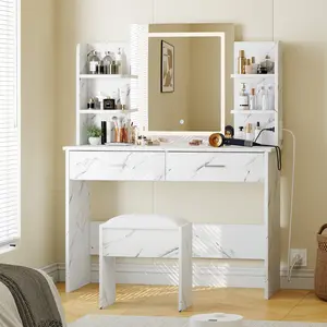 Large Dressing Table with LED Mirror Outlets Storage Drawers and Stool Bedroom Vanity Organizer Charging Station for Women Makeup Vanity Set, Vanity Set With Chair