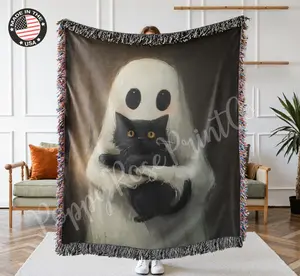 Ghost and Black Cat Woven Blanket Halloween 100% Cotton Made in USA