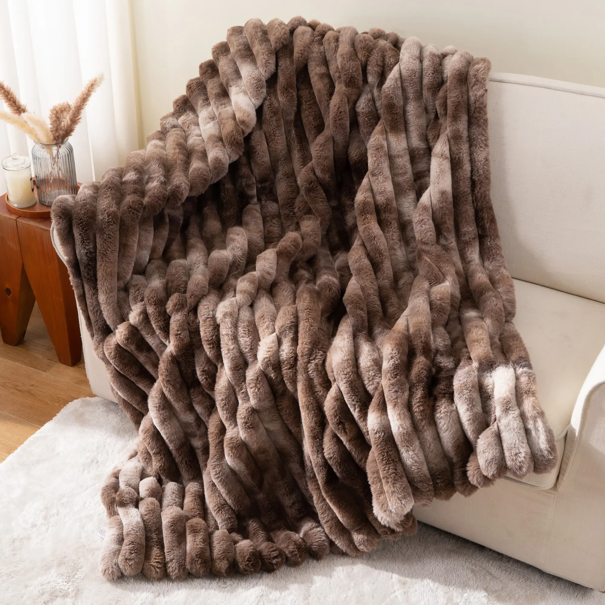 Battilo I Cloud Stripe Faux Rabbit Fur Blanket, Super Soft Summer Fuzzy Comfort Blanket for Couch and Bed, Home Decor & Gifts