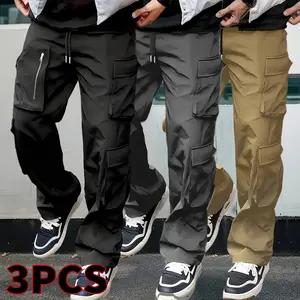 Men's Loose Fit Multi-Pocket Work Pants - Solid Color, Drawstring Waistband, Polyester Fabric, Casual Sports Style, Regular Length, Belt-Free, Suitable for Weekend Wear