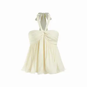 Cider Halter Neckline Ruched Twist Knotted Blouse