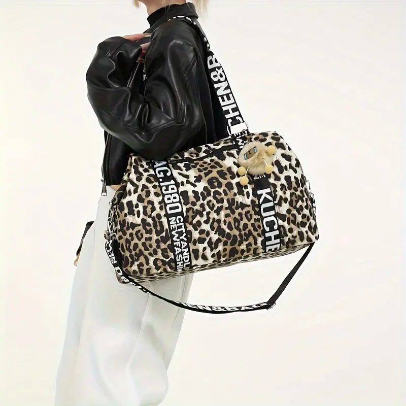 Unisex Leopard Animal Print Nylon Sporty Gym Bag for Adults - Large-Capacity, Lightweight, Multifunctional, Detachable Shoulder Strap, Zipper Closure, Red/Black - Back to School Haul, Shopping, Parties Essential, Crossbody Strap Sports Duffels, Sporty Chi