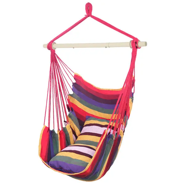 Rainbow Stripe Hanging Rope Chair, Unisex Cotton Canvas Hammock Seat for Outdoor Relaxation and Hammocking, Includes 2 Pillows, 250 lb Capacity, Rope Suspension, Outdoor Patio Furniture, High Capacity