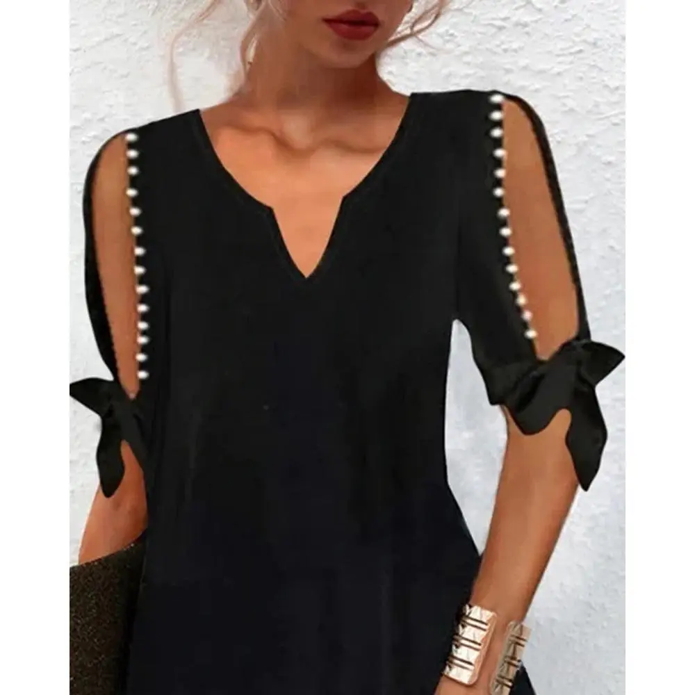 Pearl Beaded Hollow Out Sleeves, Criss-Cross Straps, Notched Neckline, Mesh Splice Dress