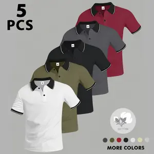 Five classic retro short-sleeved polo shirts for men, made of slightly stretchy cotton fabric. These solid-color men's golf shirts are perfect for outdoor leisure, fitness, and vacation travel, making them the perfect gift for your husband.