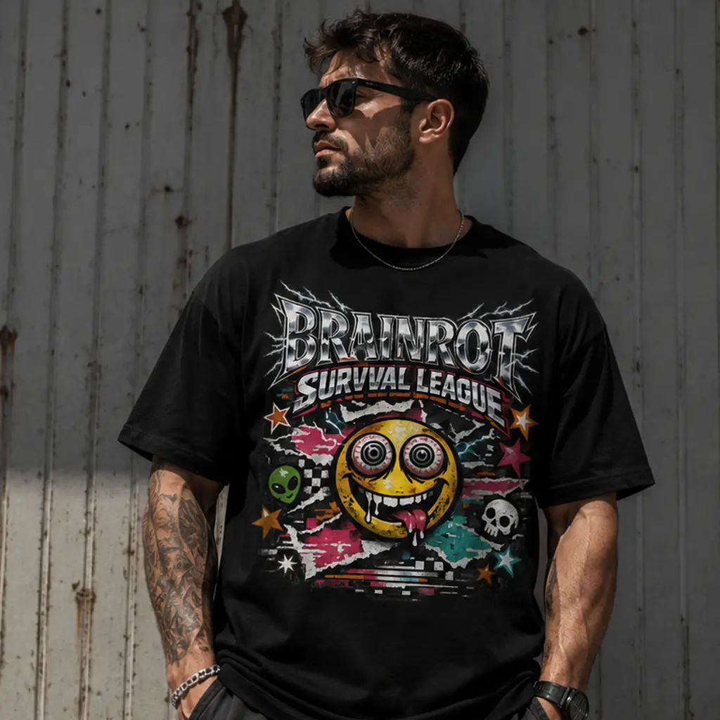 Men's Brainrot Survival League Graphic T-Shirt, Black Short Sleeve Crew Neck Tee, Colorful Smiley Face, Alien and Skull Print, Internet Meme Grunge Streetwear Top, Funny Casual Gift for Men