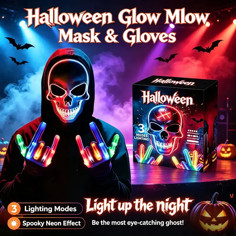 Halloween LED glowing mask, scary skull hacker luminous mask with free gloves set as Halloween gift, party and festival decoration costume mask, multiple light colors can change, perfect for Halloween and horror-themed parties