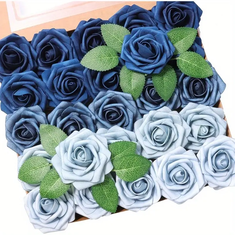 50pcs Mixed Blue Artificial Rose Flowers Fake Rose Foam Roses with Stems for DIY Wedding Rose Bouquets Valentines Day Gifts Home Party Holiday Decoration Flower