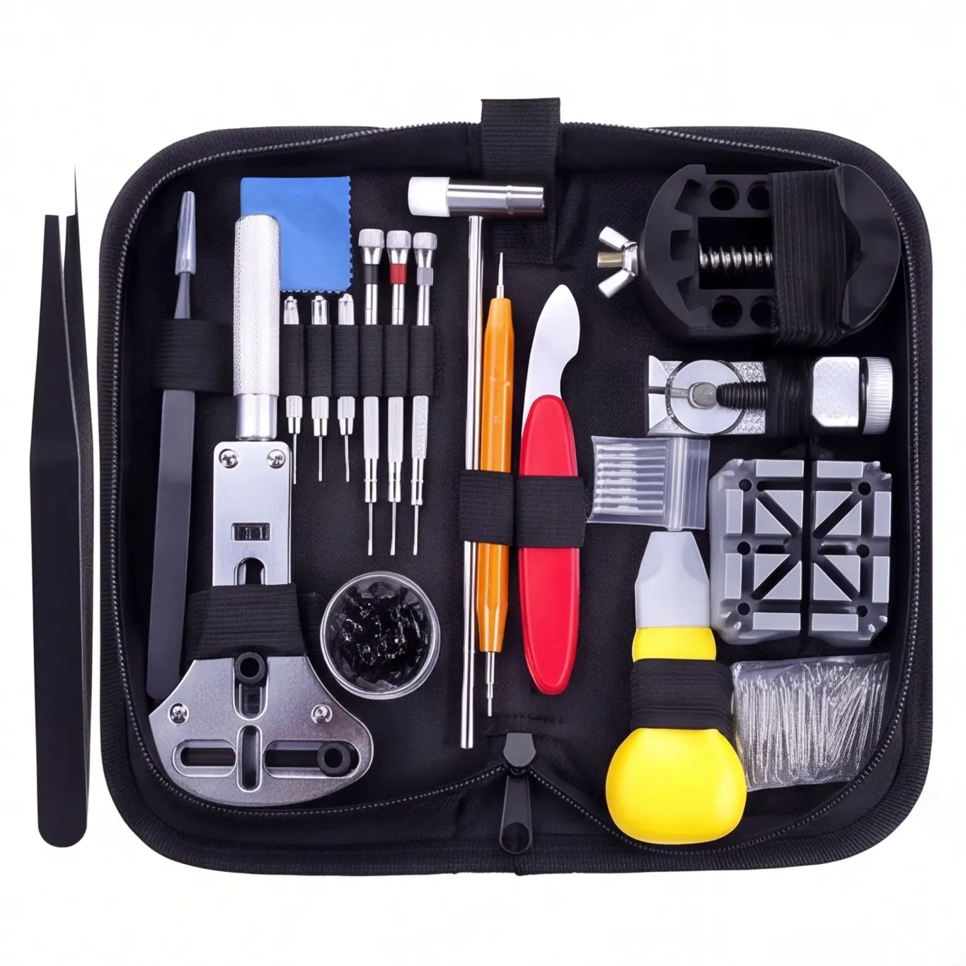Watch Repair Tool Set for Battery Replacement & Band Adjustment, Includes Case Opener, Spring Bar Pins, Screwdrivers, Tweezers and Back Case Holder, Professional Watch Maintenance Accessories