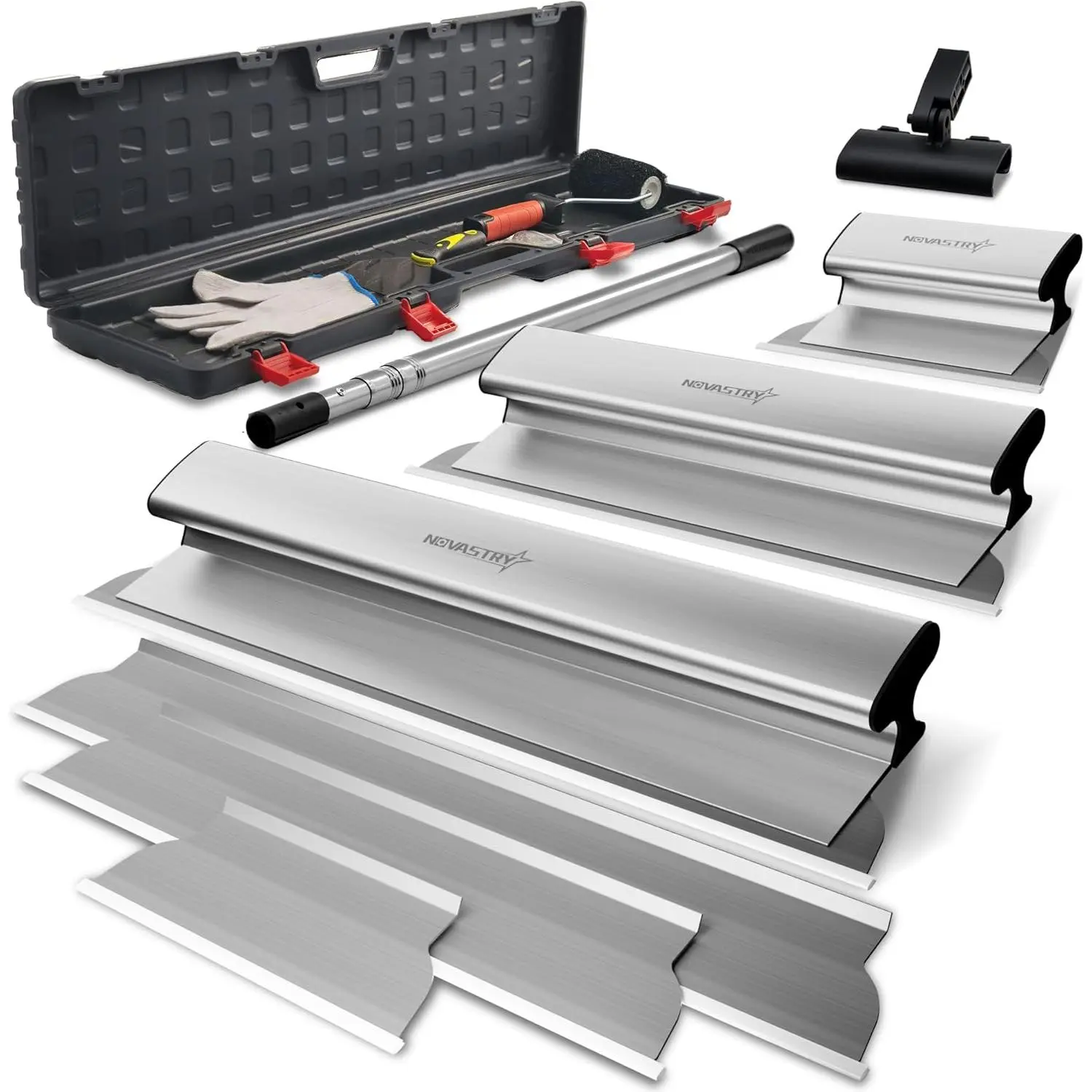 Drywall Skimming  Set, 12", 24" & 32" Stainless Steel  with 34"-81" Extension Handle, Includes 3 Spare , Roller & Putty , Wall Finishing Tools with Storage Box