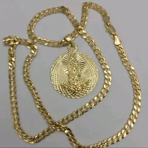 VIRGIN MARY with flowers  Cuban necklace style gold-plated beautiful design no fade no tarnish just don't take long showers with them gold over stainless