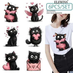 6 Sheets Quirky Valentine Black Cat Heart Heat Transfer | Watercolor Transfers for Clothing, Washable Vinyl, Perfect for T-Shirts, Hoodies, Jeans, Backpacks, Pillows