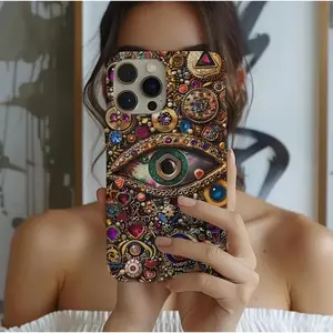 Evil Eye Charm Mosaic Phone Case Collage Design with Realistic Gold Purple Gem Effects for iPhone 16 15 14 13 12 11 Pro Max
