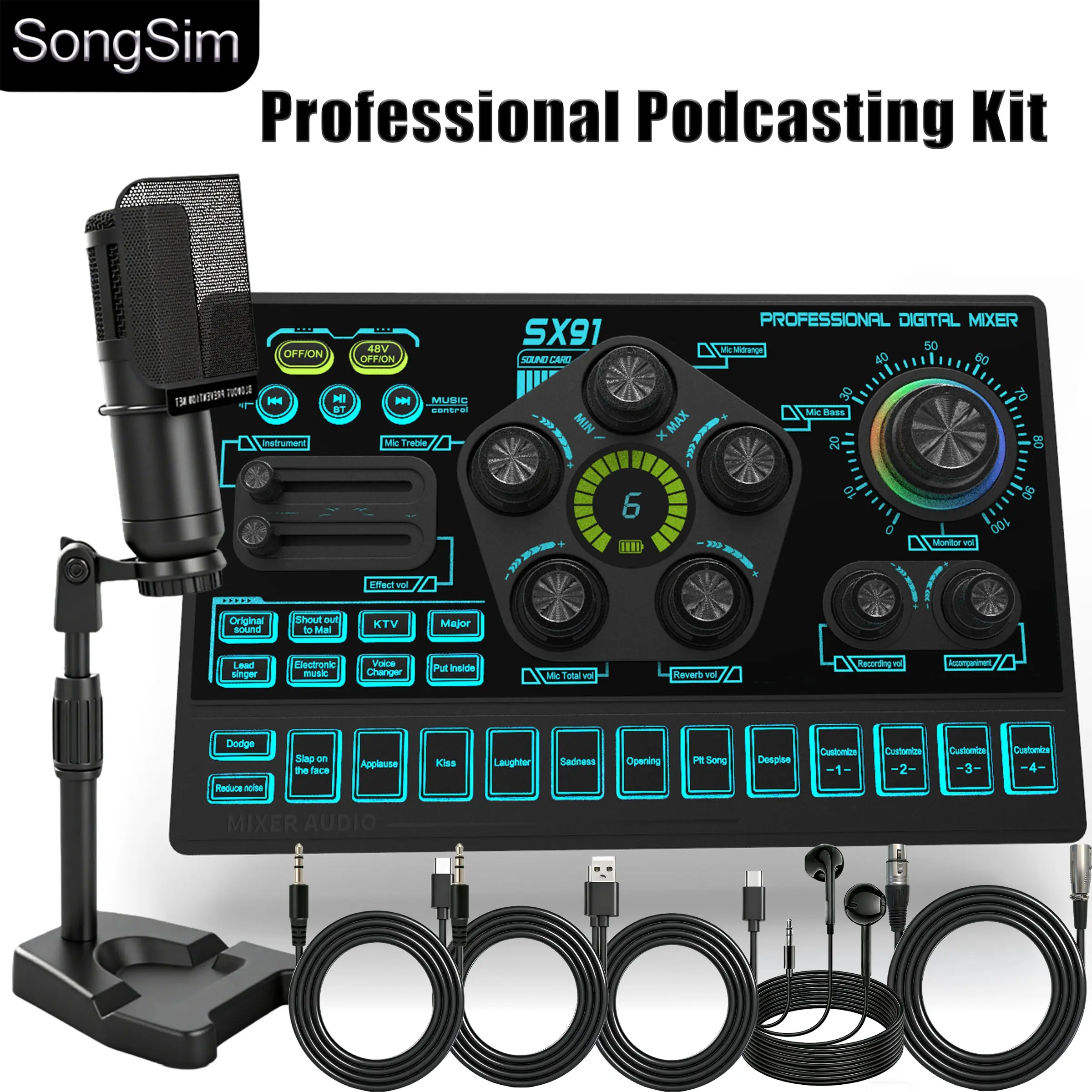 Sx91 Professional Live Streaming Digital Sound Card Set, Streaming Audio Mixer Sound Card, Live Sound Cards, Bm800 Microphone, 48v Phantom Power, Smart Noise Reduction, Full Interface Compatibility, Podcast Equipment Kit