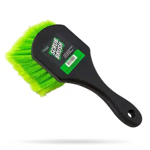 Slick Products Short Handled Scrub Brush with Medium Soft Tip Bristles – Scratch-Resistant, Durable Plastic Handle, Perfect for Cars, Trucks, SUVs, Off-Road Vehicles & Home Cleaning