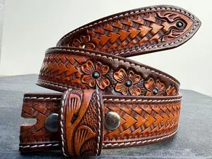 Handmade Men's Western Belt Genuine Full Grain Leather Heavy Duty Without Buckle Embossed Belt Cowboy Handmade Strap Snap-On Belt Strap