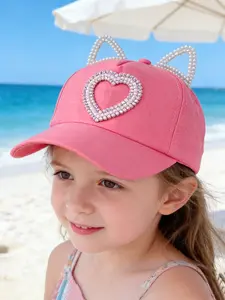 Kids Sun Hat for Girls, Cute Cartoon Heart Cat Ear Baseball Cap, Animal Hats, Stylish Baseball Cap for Outdoor Play & Photos, Ages 4-9