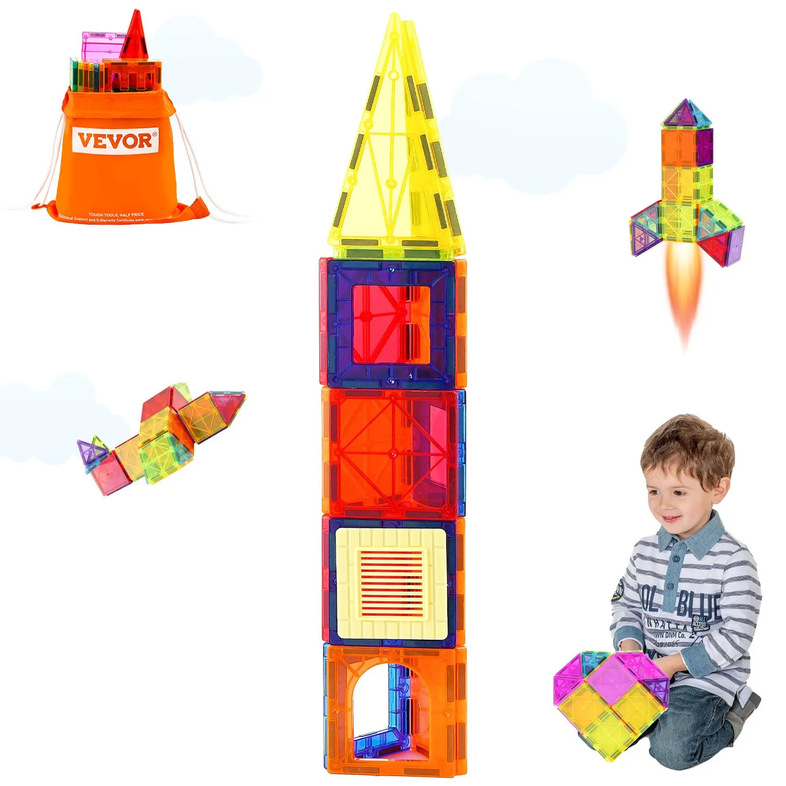 【summerfinds】VEVOR 55-PCS Magnetic Tiles Building Toy, STEM Magnetic Blocks, Construction Set for Kids – Father's Day Gift, Magnetic Construction Set