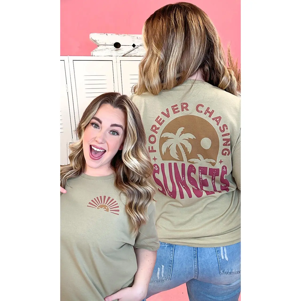 Tees2urdoor Women's Forever Chasing Sunsets Graphic T-Shirt - 100% Cotton Everyday Basic Top, Casual Unisex Fitted Tshirt, Beach Wear, Sizes Up to 5XL
