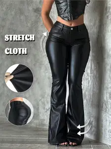 Elegant High-Waisted Faux Leather Pants, Zipper Design Loose Fit, Sexy Style Bell Bottoms, All Seasons Fashion, Women's Clothing, Womenswear