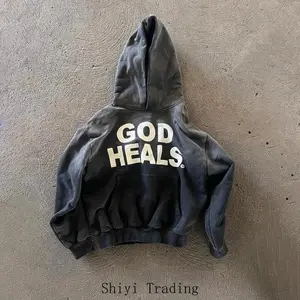Full  God Heals print hoodie Hip Hop zip uplong  jacket Harajuku casual loose hoodedsweatshirt Tops Man Love Menswear sleeve
