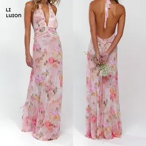 Women Chelsea Maxi Dress In Aspen, Sleeveless Halter Dress Backless Flower/dots Print Summer Cocktail Dress