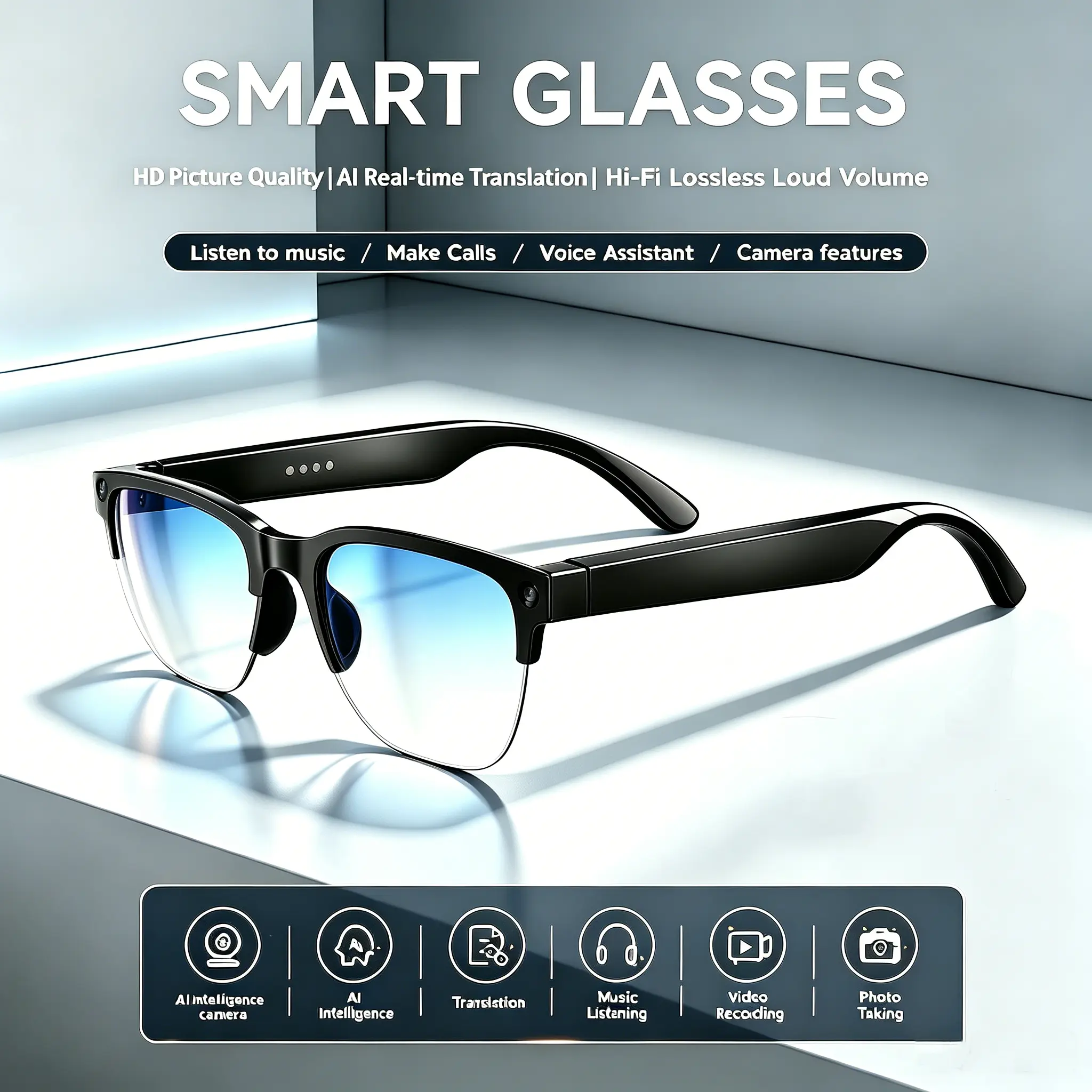 AI Smart Glasses with Camera - Multifunctional Smart Glasses, Button Touch Adjustment, 160+ Languages Real-Time Translation, Bluetooth Wireless, Hands-Free Photography/Video Recording, Music Player, Casual Tech Gadget for Travel & Office
