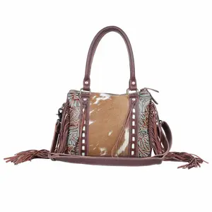Myra Maia Hairon Leather Concealed Carry Bag for Women – Tooled Leather Panels, Fringed Sides, Dual Straps for Easy Carry