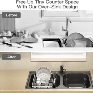 MAJALiS Dish Drying Rack Over The Sink, Expandable Stainless Steel Dish Drainer for Small Kitchen Counter Space Saving, RV Compact Plate Strainer In Silver Metal with Hanging Adjustable Utensil Holder