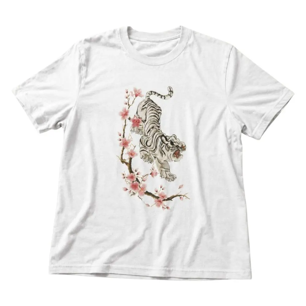 The White Tiger Cherry Blossom T-Shirt, Japanese Style Floral Tiger Tee, Asian Wildlife Shirt, Unisex Cotton Top, Trending Shirt