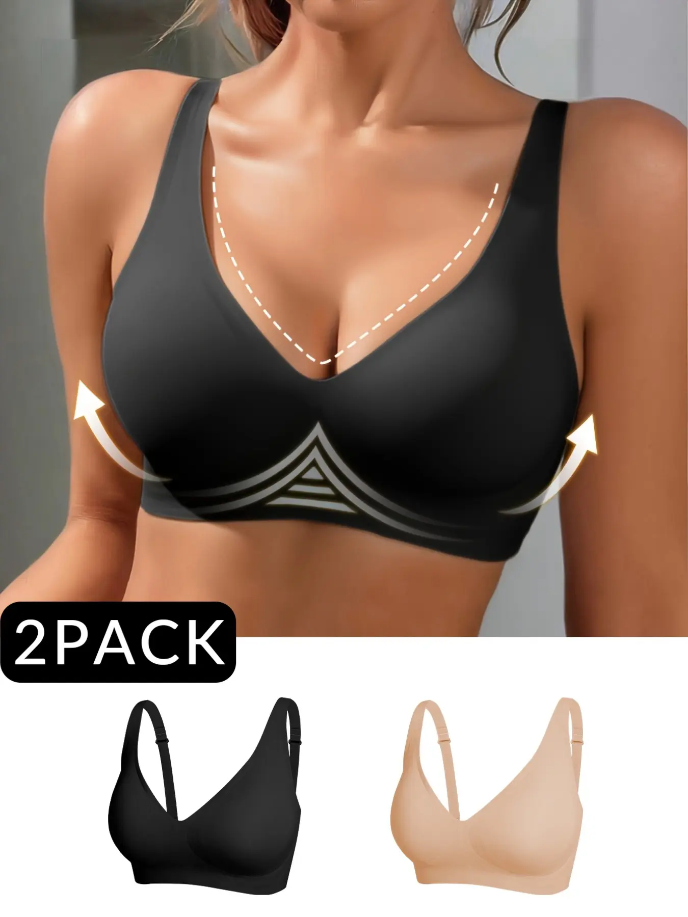 Women's Wireless Jelly Bra, Deep-V Design, Medium Support, Three-Quarter Cup, Casual Fitted Lined Underwear, All-Season Everyday Basic Supportive Bra, Medium Support Bralette, Jelly Bra Bralettes, Deep V Bras