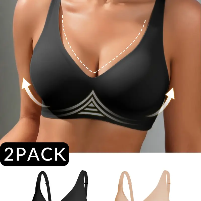 Women's Wireless Jelly Supportive Bra, Deep V Design, Medium Support, Three-Quarter Cup, Casual Fitted Lined Underwear, All Seasons Wear