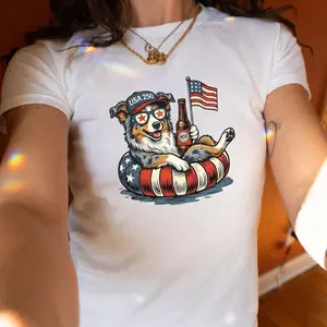USA 250 Australian Shepherd Patriotic Baby Tee American Flag Beer Dog 4th of July Cute Fitted Crop Top Summer Outfit Trendy Gift for Women