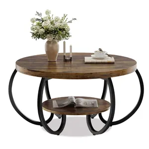2 Tier Round Rustic Coffee Table 30 Inch For Living Room With Wood Desktop Storage Shelf And Adjustable Feet