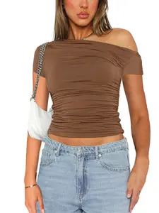 Off-Shoulder Ruched Cropped Short Top, Show Shoulder Design, Body Shaping, Slim Fit, Waist Accent, Commuter Streetwear, Eye-Catching