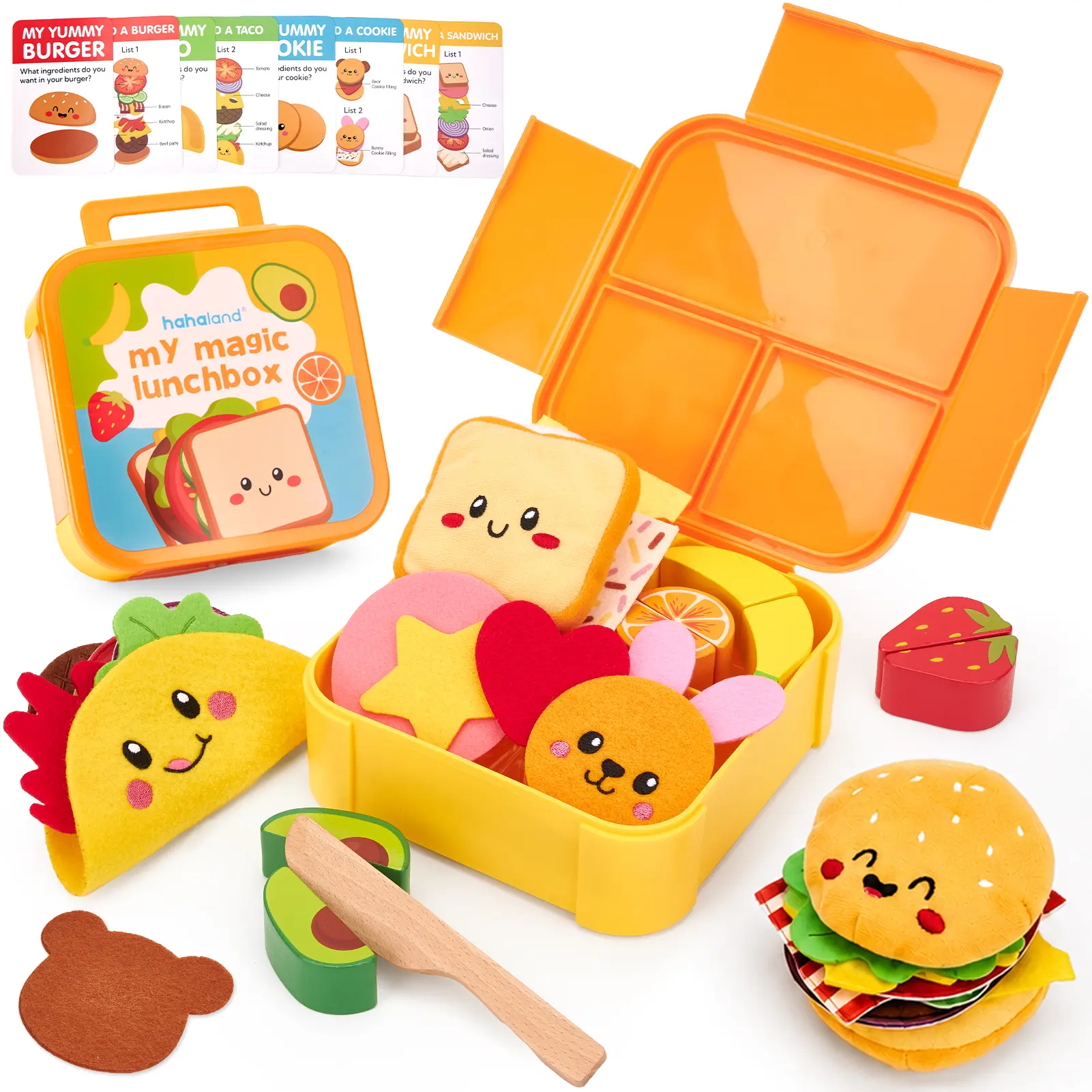 hahaland Lunchbox Pretend Play Food Set, 43PCS Fruit, Veggies, Menu Cards & Toddler Knife for Chopping, Kids Kitchen Role Play Toy, Birthday Gift for Boys Girls Ages 3+, Preschool Learning