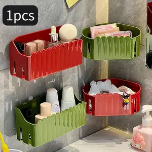 Wall-mounted bathroom storage rack without drilling holes. The suction cup adhesive design allows for easy installation without damaging the surface. Suitable for organizing and storing bathroom cleaning and personal care products.
