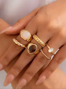Women's Cat Eye Stone Ring Set, Twisted Braid Design, Fashion Jewelry for Vacation Party, 6-Piece Stackable Rings
