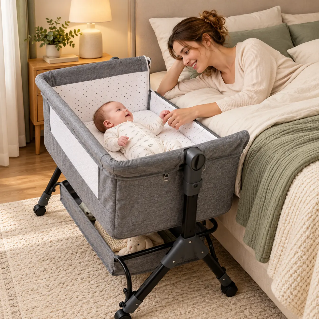 Nwborn Infant Bed, Portable Baby Bassinet 5-in-1 Crib with Mattress, Breathable Mosquito Net, Silent 360° swivel wheels, Adjustable Heights, Anti-Reflux, Toddler Bedside Sleeper