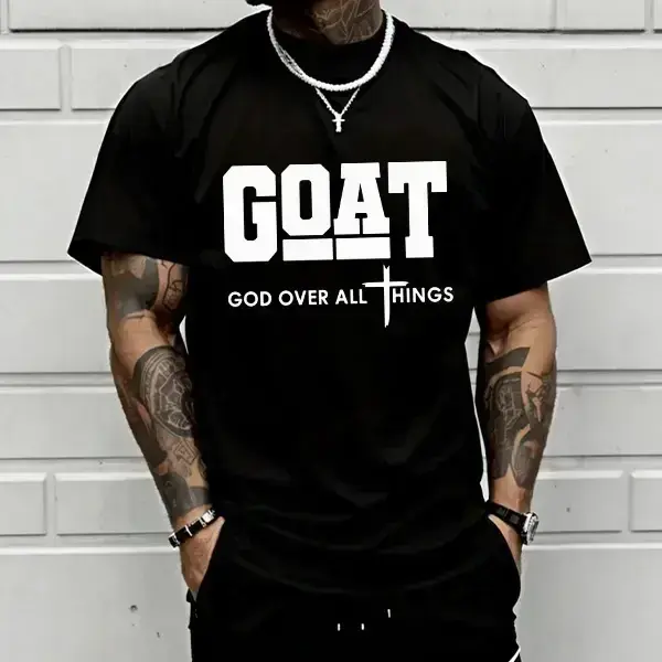 GOAT (“God Over All”) graphic T-shirt for men, 100% pure cotton, loose street-style short sleeves—trendy Christian casual top, best-selling faith urban fashion style., Shortsleeve, Menswear, Tshirt, Round Neck TWIN FLAME Studio 1