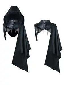 Medieval King & Knight Regal Black Polyester Battle Cloak, Clothes Accessory with Hood, Lace-Up Detail, Asymmetric Hem, Casual Fit, Quality Fabrics - Ideal for Cosplay, Halloween