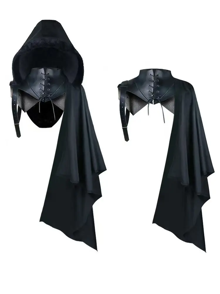 Asymmetrical Hooded Cloak, Medieval Polyester Knight Costume with a Lace-Up Detail and Regular Fit for Halloween & Cosplay Accessories, Clothes, Crew Neck, Medieval Look, Casual, Dry Clean, Machine Washable, Solid