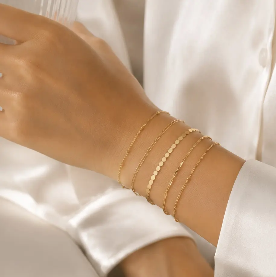 5pc Gold Stacking Bracelet Set - Dainty Layered Chains, Adjustable, Hypoallergenic