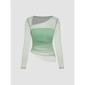 Cider [2 colors, size 2-10] Mesh Asymmetrical Neck Long Sleeve Top