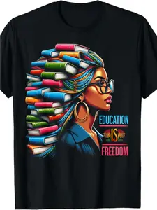 Unisex "Education Is Freedom" Black Girl Magic T-Shirt Afrocentric Book Hair Art Design Soft Cotton Short Sleeve Crew Neck Top Empowerment Streetwear Tee