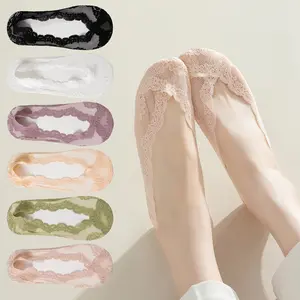 Womens Lace No Show Invisible Socks 6 Pairs Breathable Mesh Liner Socks with Crossover Lace Design and Non Slip Silicone Grip for Summer Flats Loafers and Sneakers