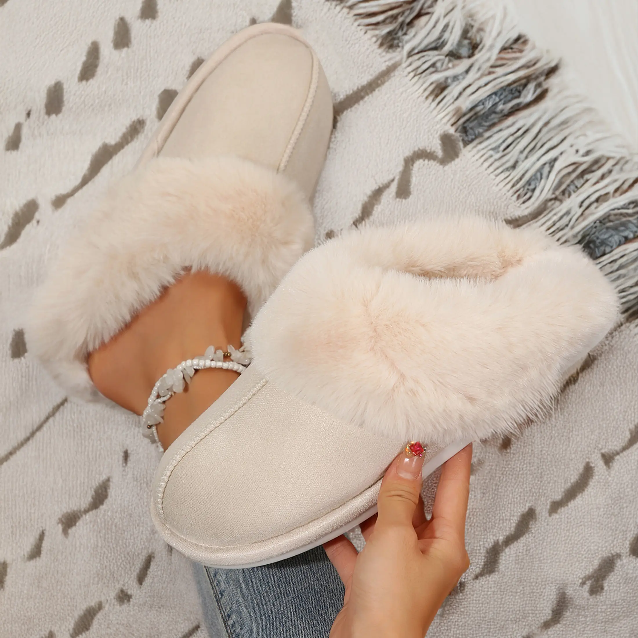 Womens Slipper with Memory Foam Fluffy Soft Warm Slip On House Slippers Anti-Skid Cozy Plush for Indoor Outdoor
