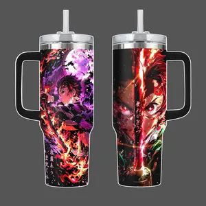 Tanjiro Kamado Hinokami Kagura Demon Slayer Anime Stainless Steel Insulated Tumbler With Handle Straw Lid 20oz 40oz Full Wrap Fire Sword Design
