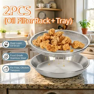 Stainless steel heavy-duty oil-draining rack with tray set, foldable round metal mesh frying basket, food-grade oil-resistant drainer, suitable for frying, filtering, and vegetable washing, dishwasher-safe kitchen cooking tool