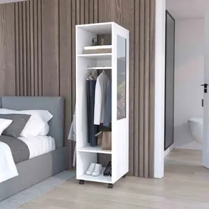 Cluster 63" Tall Wardrove with Mirror Three Shelves Casters and Hanging Rod Armoire Bedroom Clothes Storage Cabinet Organizer White